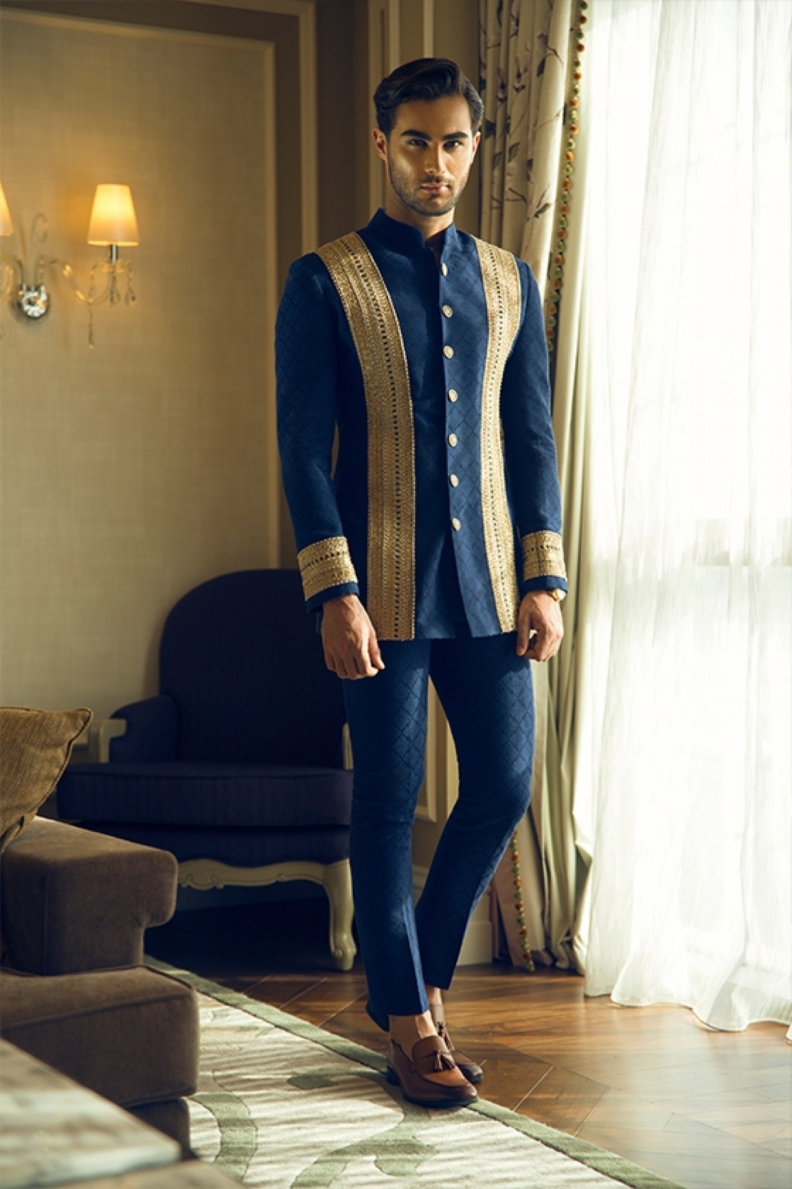 Navy Gold Embellished Quilted Prince Coat (2-Piece) - Image 1