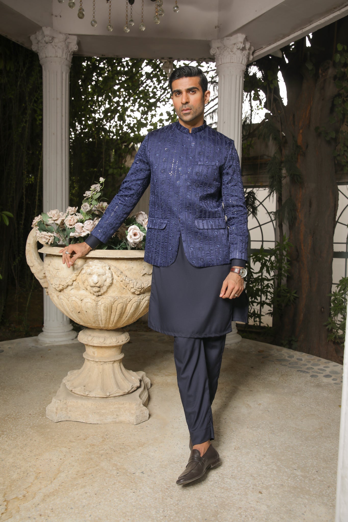 Navy Blue Sequin Embroidered Raw Silk Prince Coat (3-Piece) - Image 2