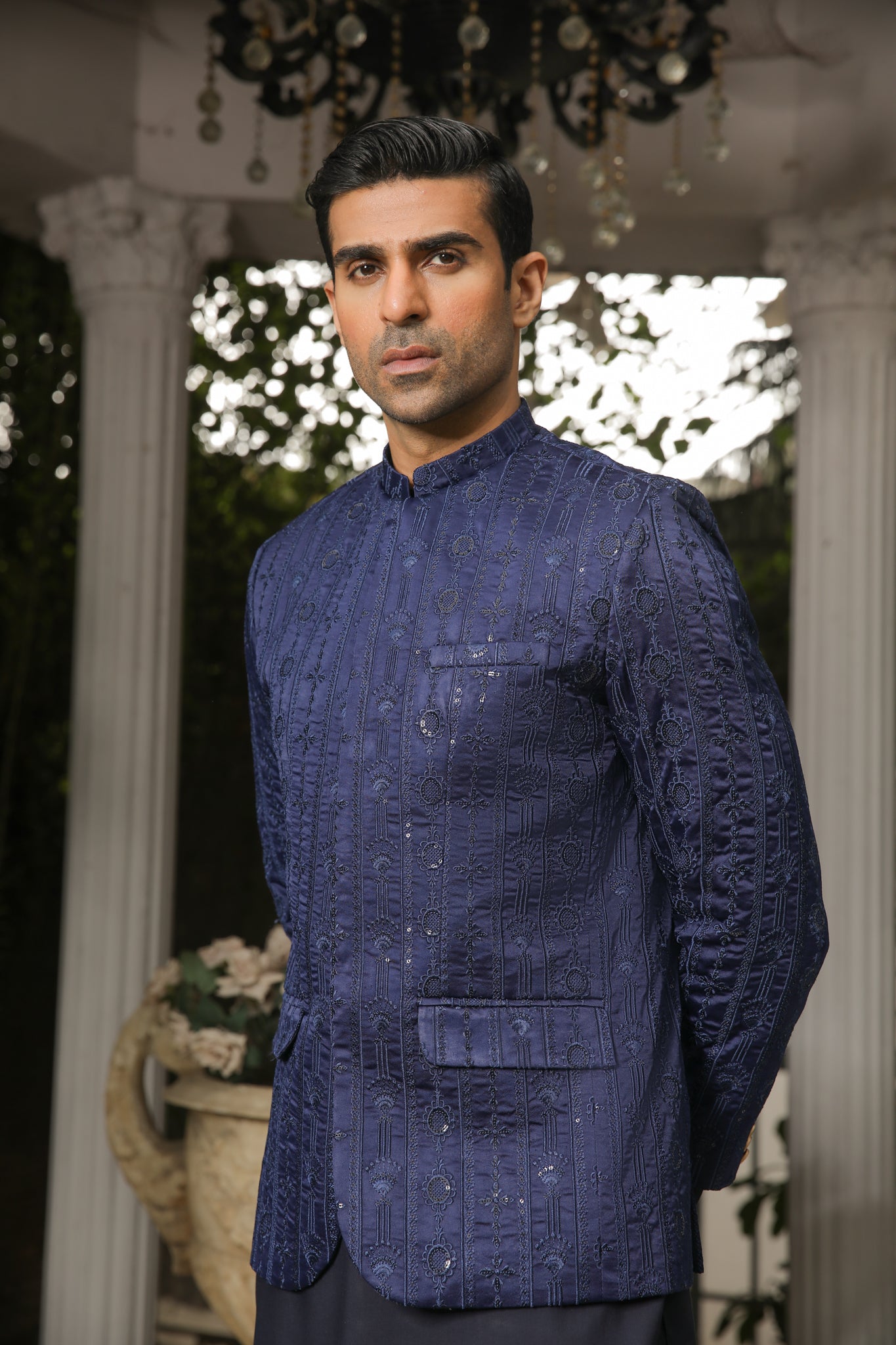 Navy Blue Sequin Embroidered Raw Silk Prince Coat (3-Piece) - Image 3