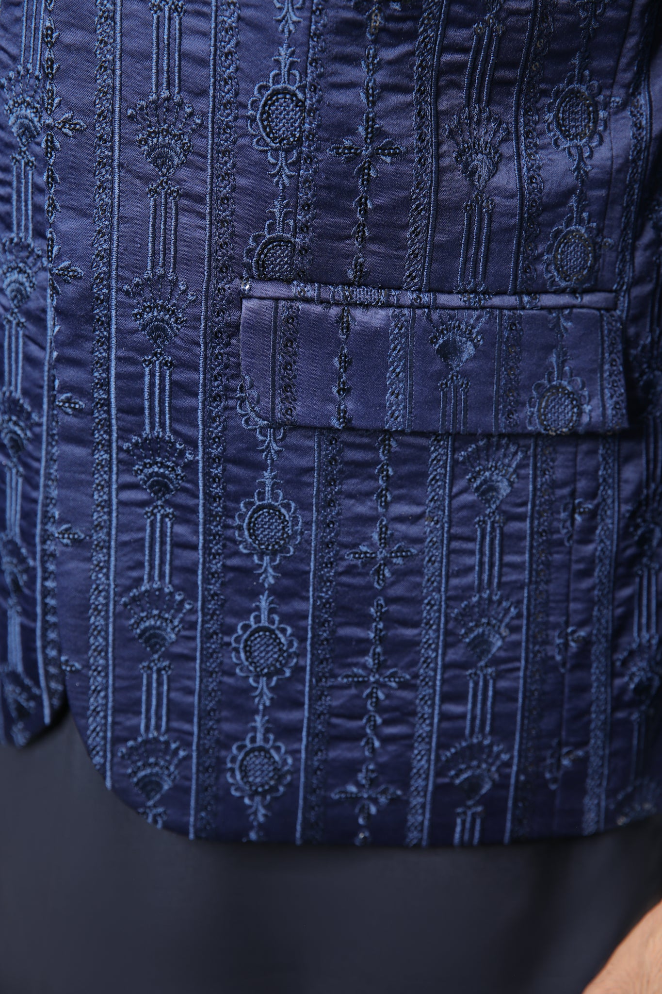 Navy Blue Sequin Embroidered Raw Silk Prince Coat (3-Piece) - Image 4