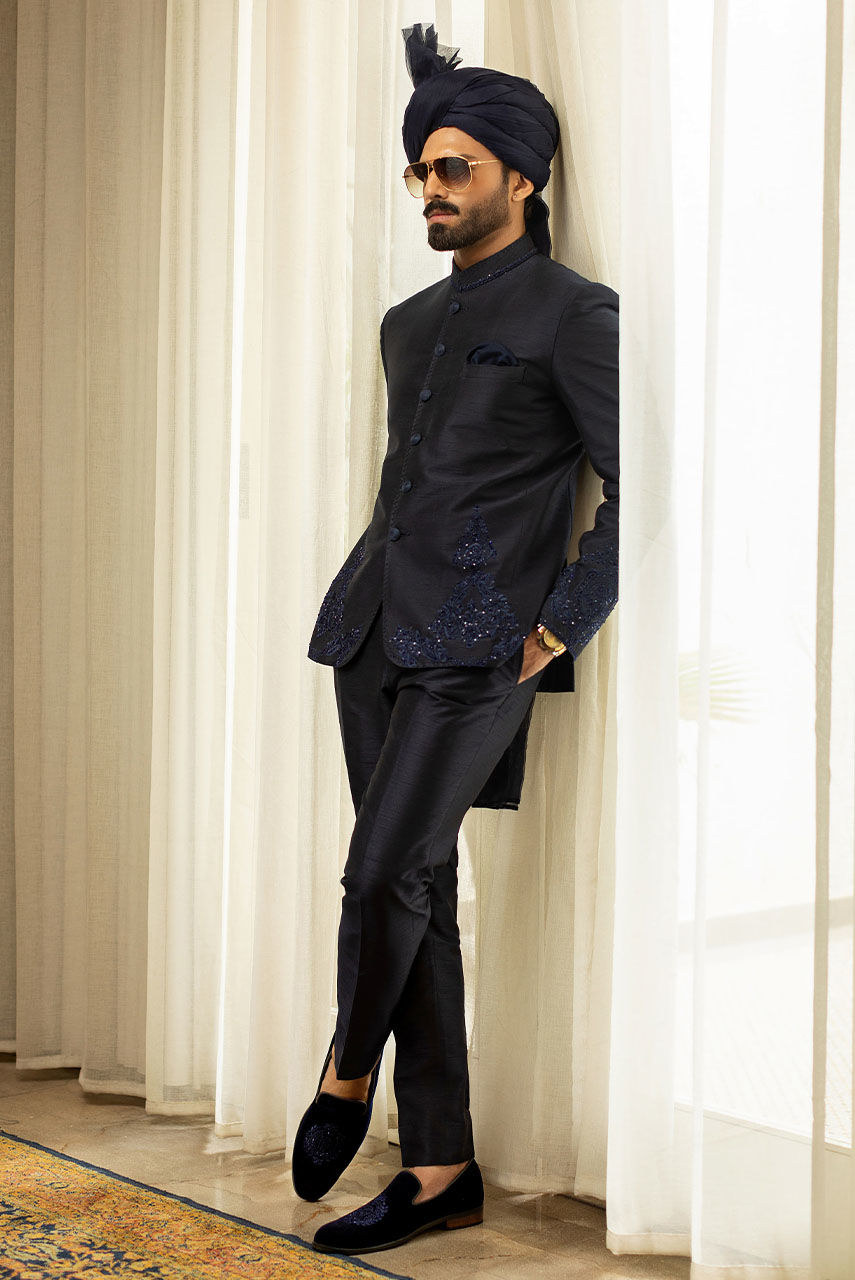 Dark Navy Blue Embroidered Raw Silk Prince Coat (2-Piece) - Image 2