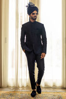 Dark Navy Blue Embroidered Raw Silk Prince Coat (2-Piece) - Image 4