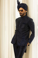 Dark Navy Blue Embroidered Raw Silk Prince Coat (2-Piece) - Image 6