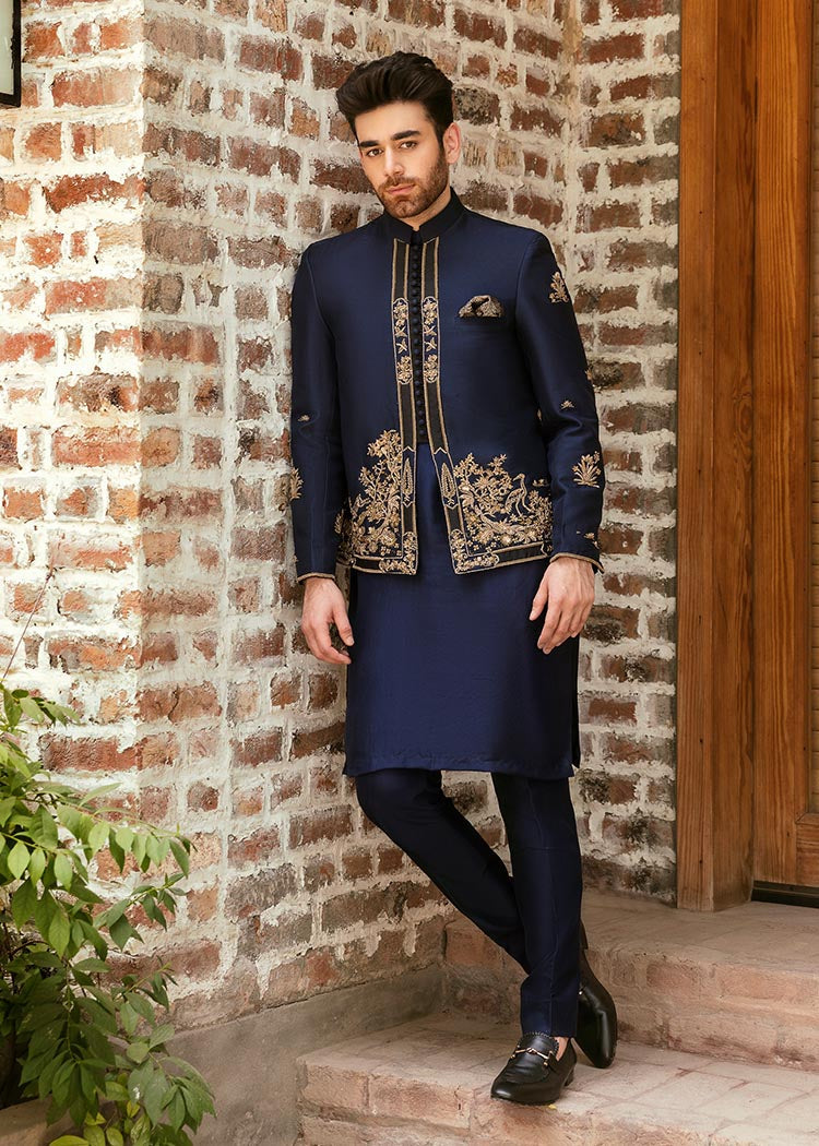 Navy Blue Embroidered Korean Rawsilk Prince Coat (3-Piece) - Image 1