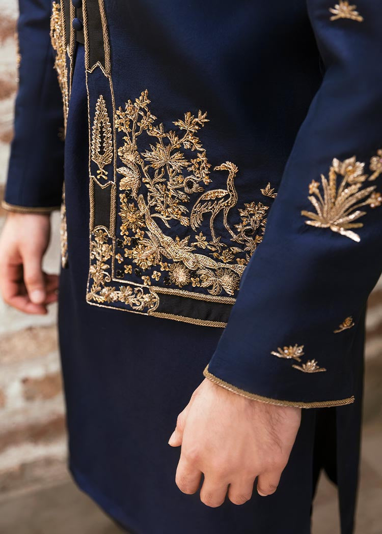 Navy Blue Embroidered Korean Rawsilk Prince Coat (3-Piece) - Image 2