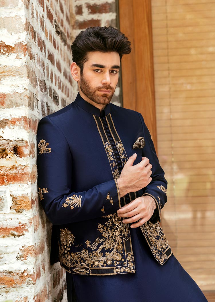 Navy Blue Embroidered Korean Rawsilk Prince Coat (3-Piece) - Image 3