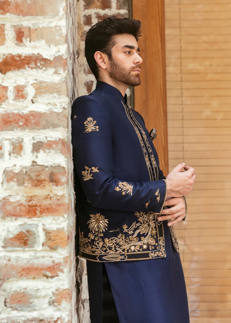 Navy Blue Embroidered Korean Rawsilk Prince Coat (3-Piece) - Image 4