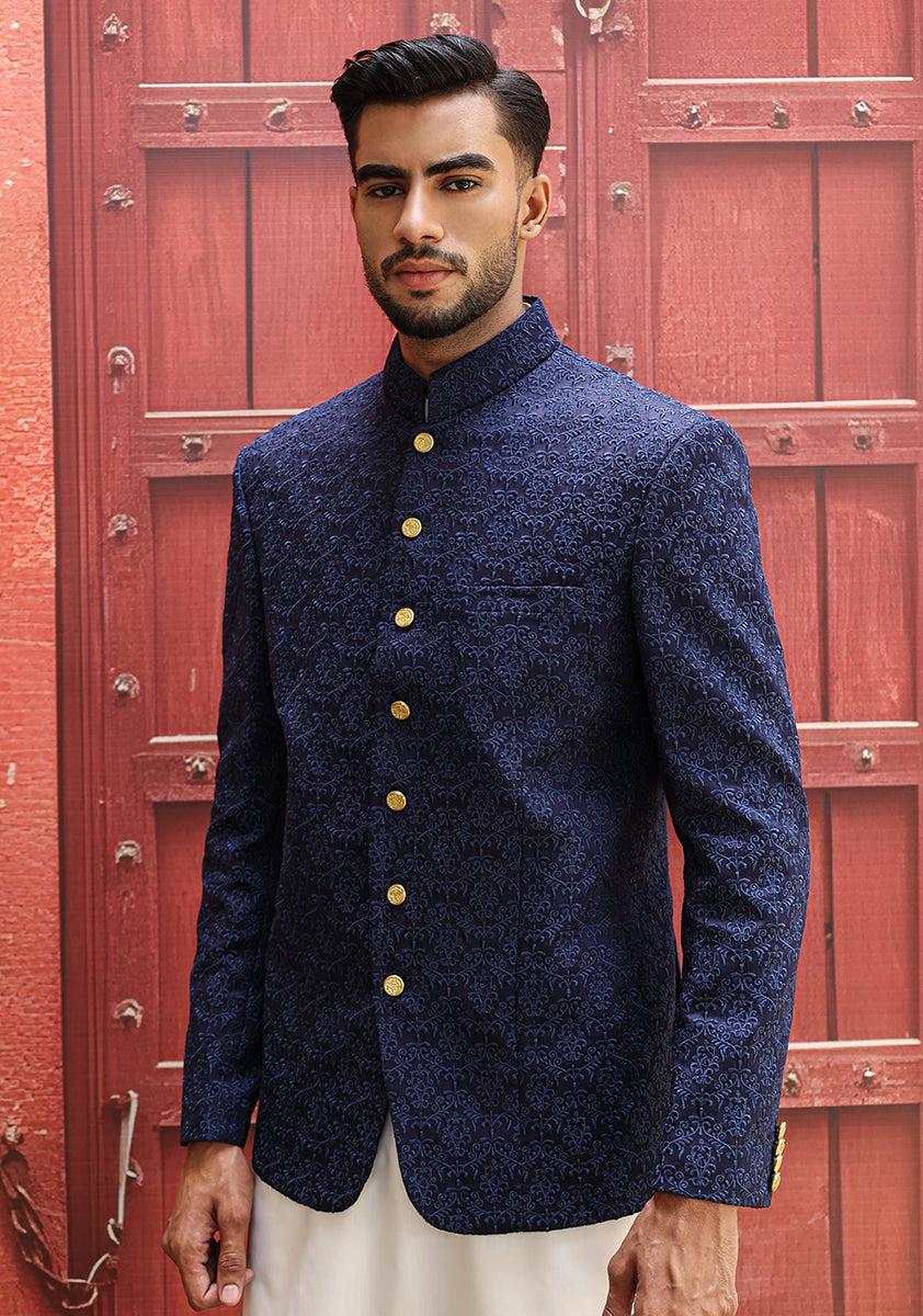 Navy Embroidered Satin Silk Prince Coat (3-Piece) - Image 1