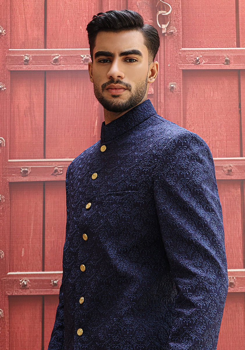 Navy Embroidered Satin Silk Prince Coat (3-Piece) - Image 2