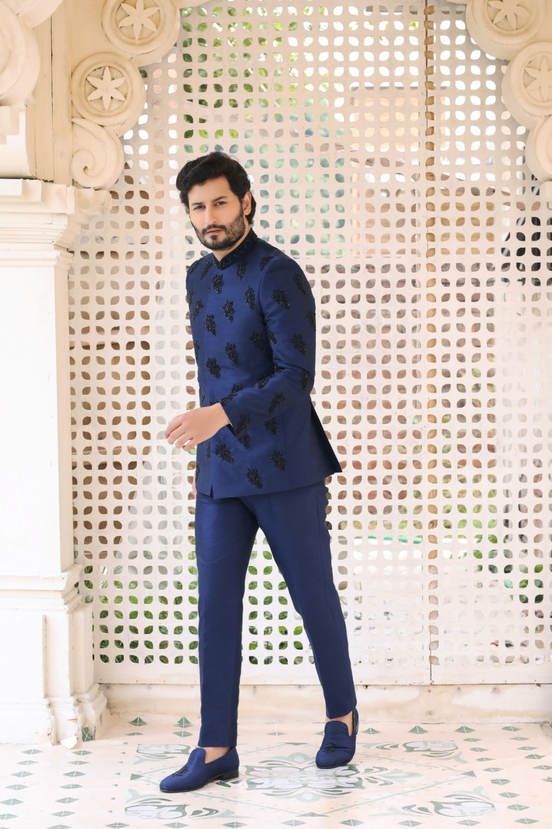 Navy Blue Silk Prince Coat with Black Ada Work (2-Piece) - Image 3