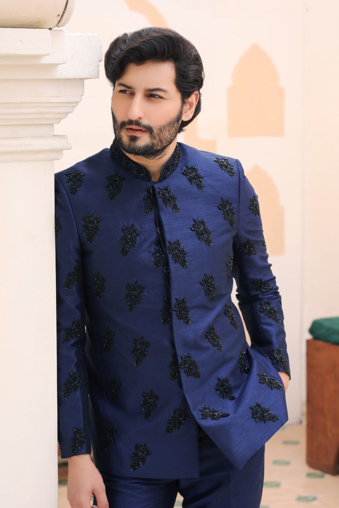 Navy Blue Silk Prince Coat with Black Ada Work (2-Piece) - Image 4