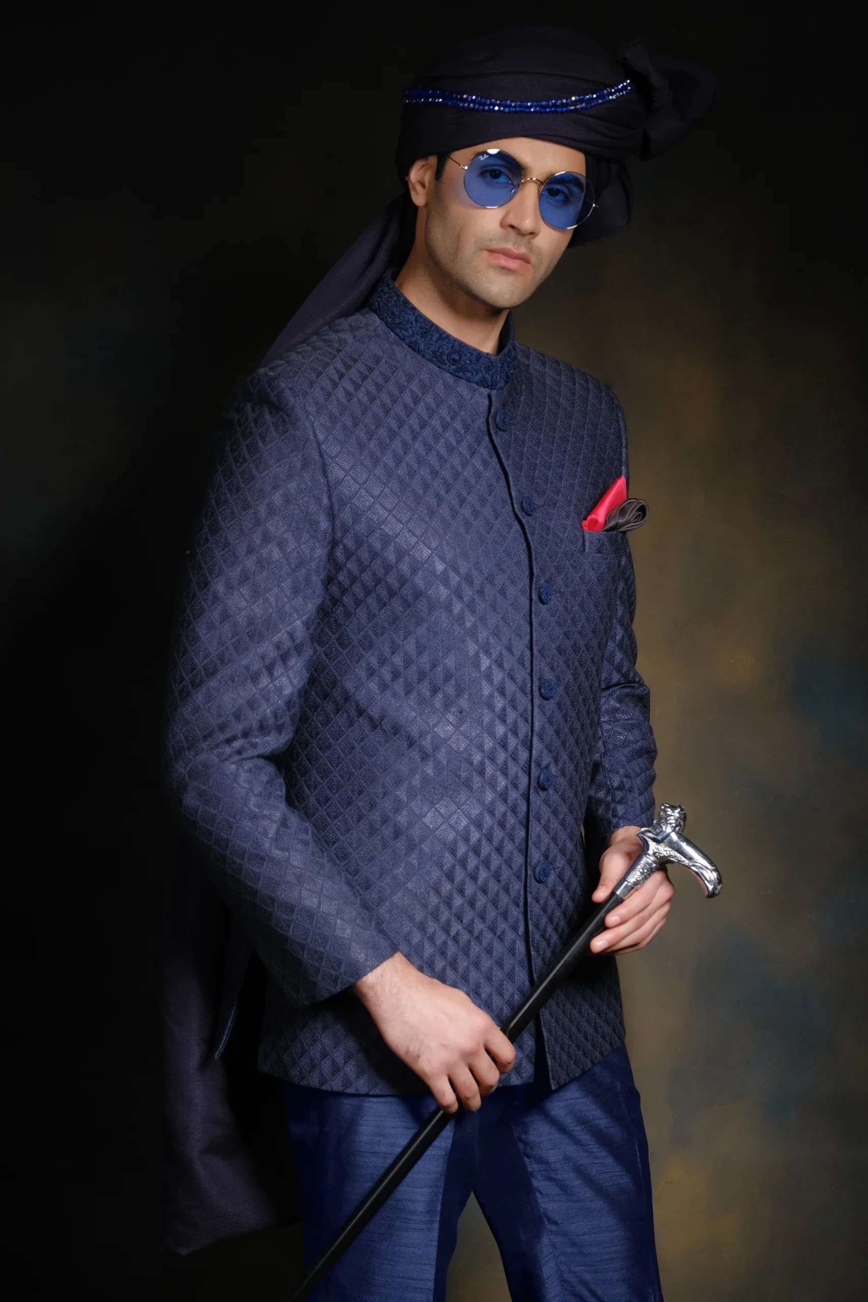 Navy Blue Diamond-Embroidered Silk-Blend Prince Coat (2-Piece) - Image 1