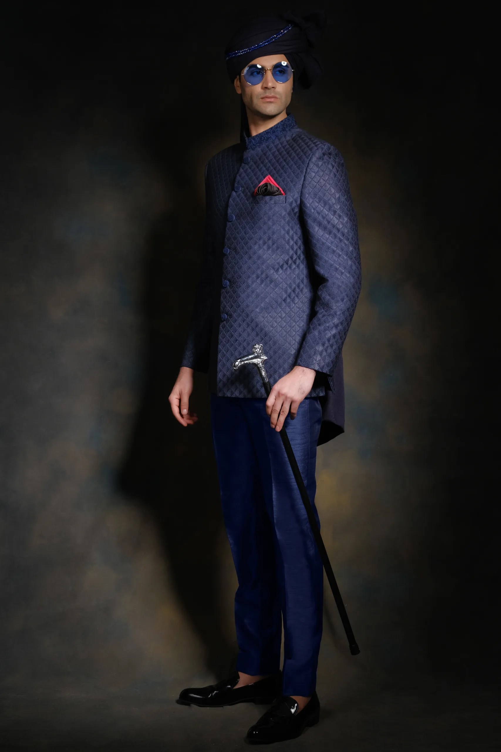 Navy Blue Diamond-Embroidered Silk-Blend Prince Coat (2-Piece) - Image 2