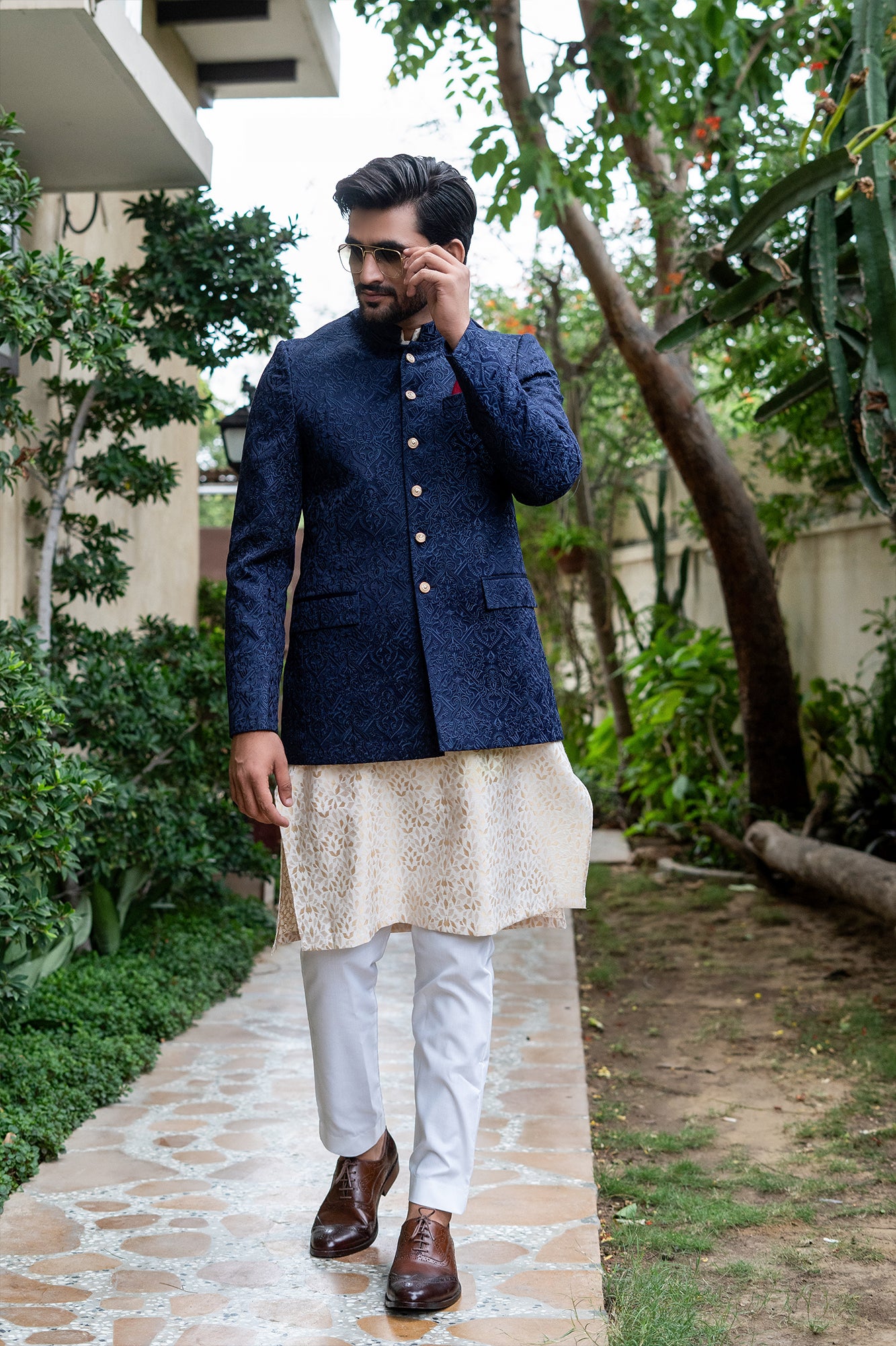 Navy Blue Embroidered Jacquard Prince Coat (1-Pc) - Image 2