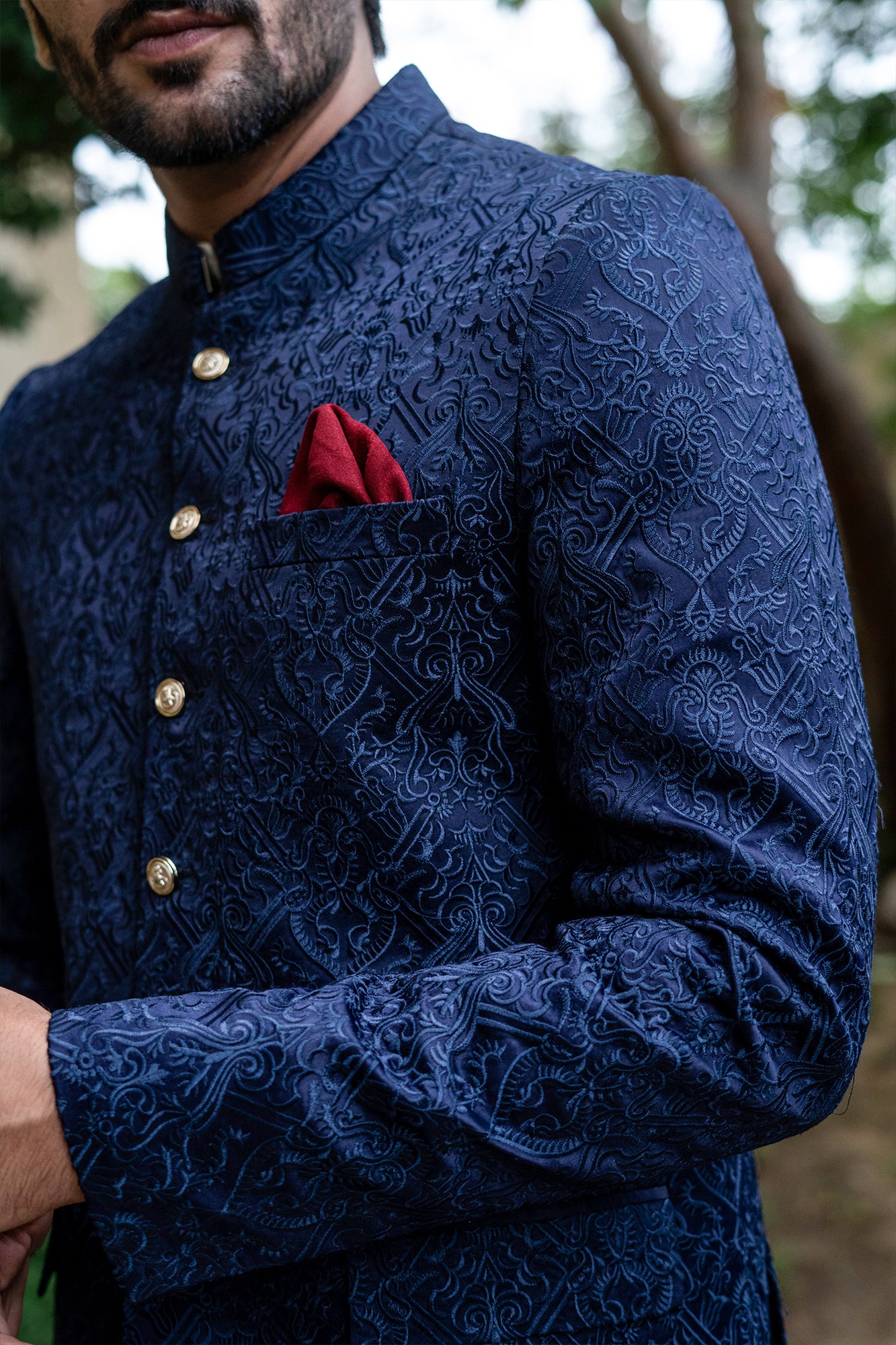 Navy Blue Embroidered Jacquard Prince Coat (1-Pc) - Image 3