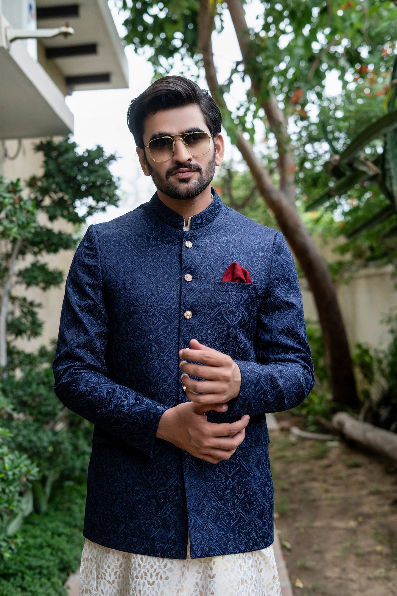 Navy Blue Embroidered Jacquard Prince Coat (1-Pc) - Image 4