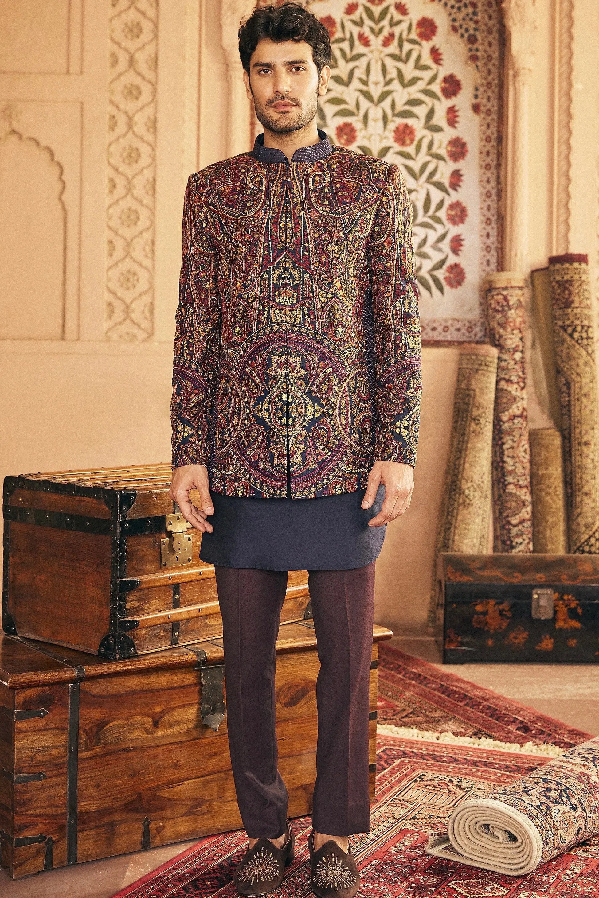 Navy Embroidered Silk-Blend Prince Coat (3-Piece) - Image 1