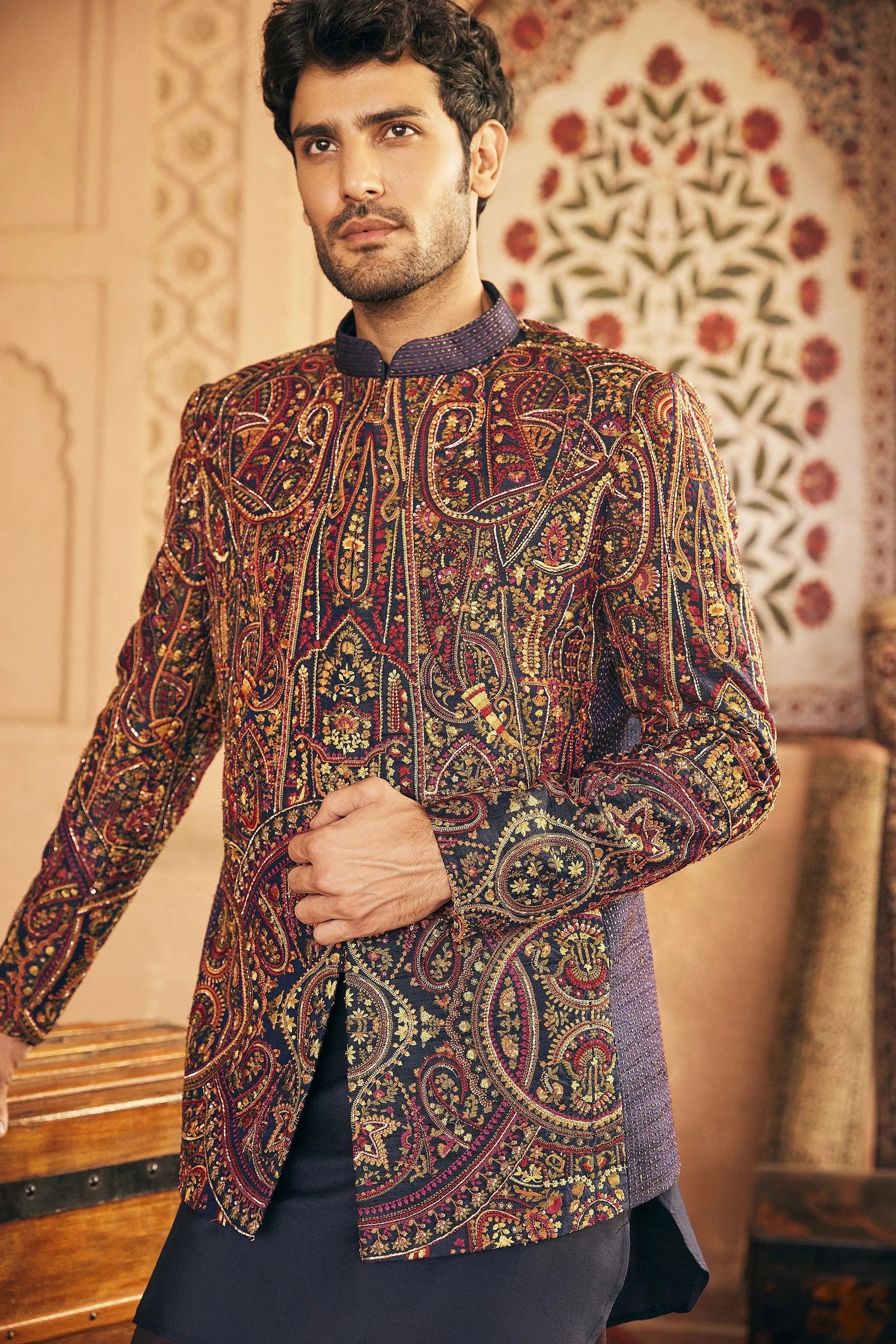 Navy Embroidered Silk-Blend Prince Coat (3-Piece) - Image 3