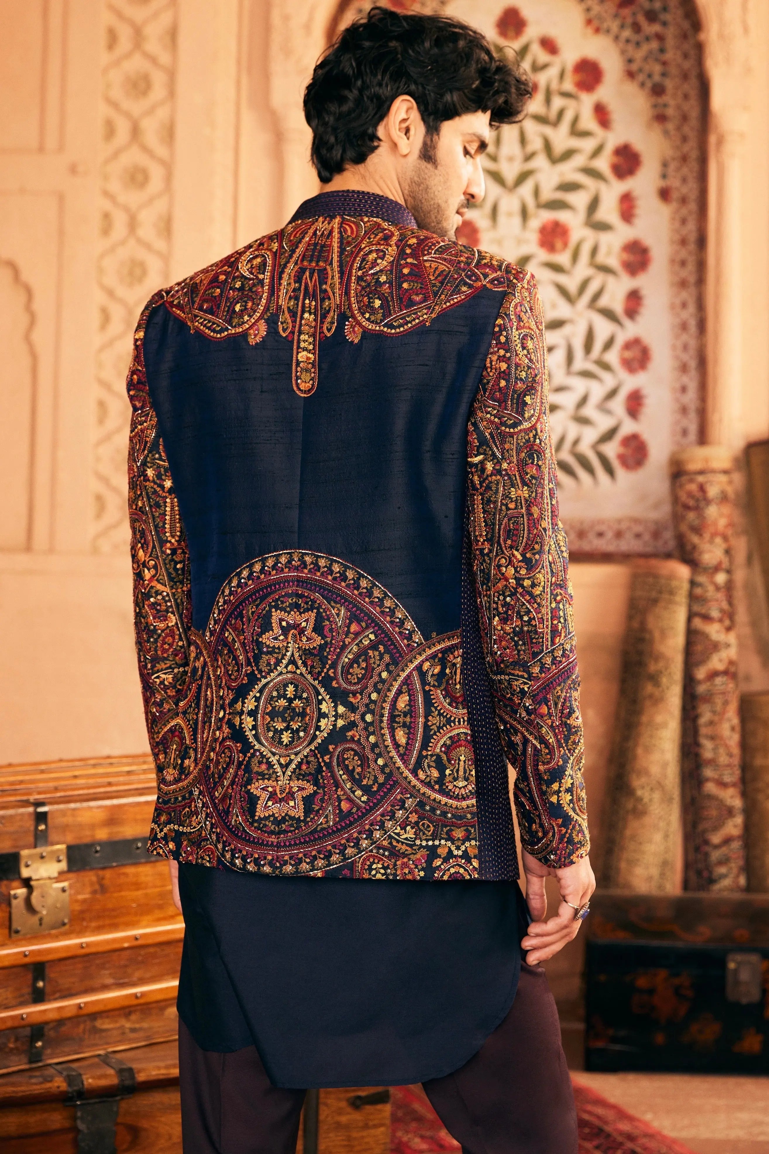 Navy Embroidered Silk-Blend Prince Coat (3-Piece) - Image 4