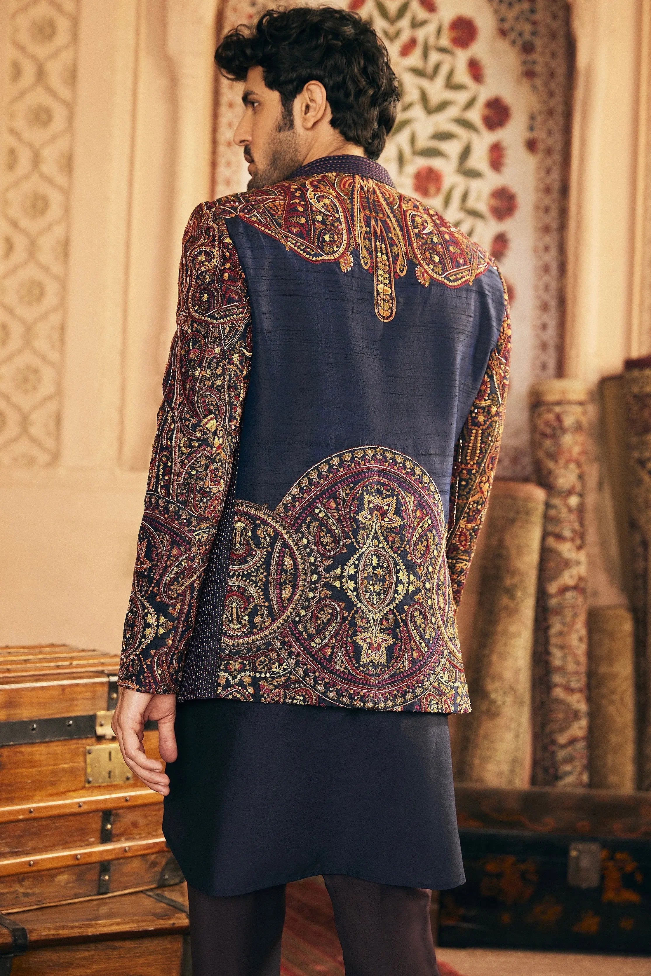 Navy Embroidered Silk-Blend Prince Coat (3-Piece) - Image 5