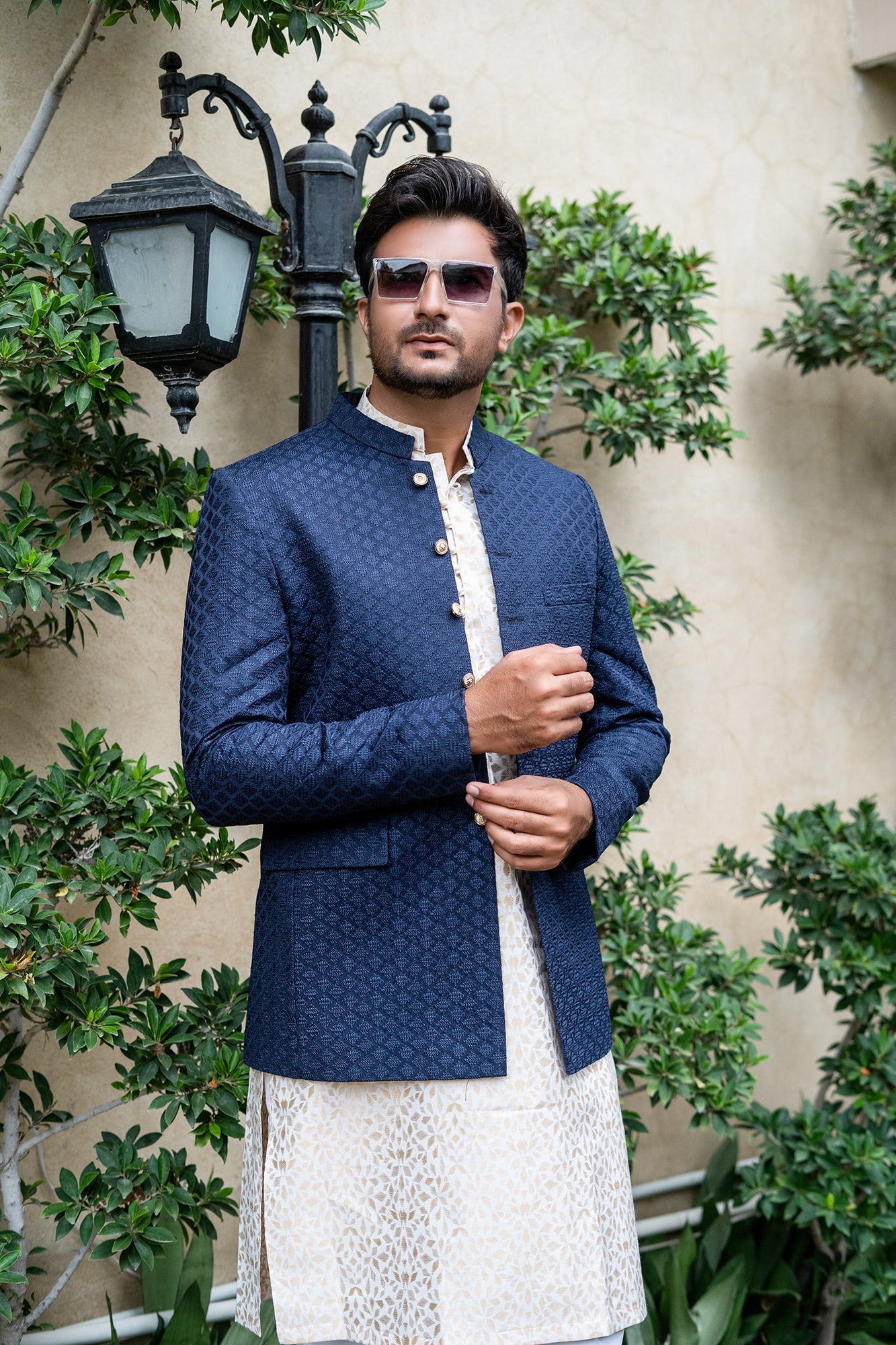 Navy Blue Textured Silk-Blend Prince Coat (1-Pc) - Image 2