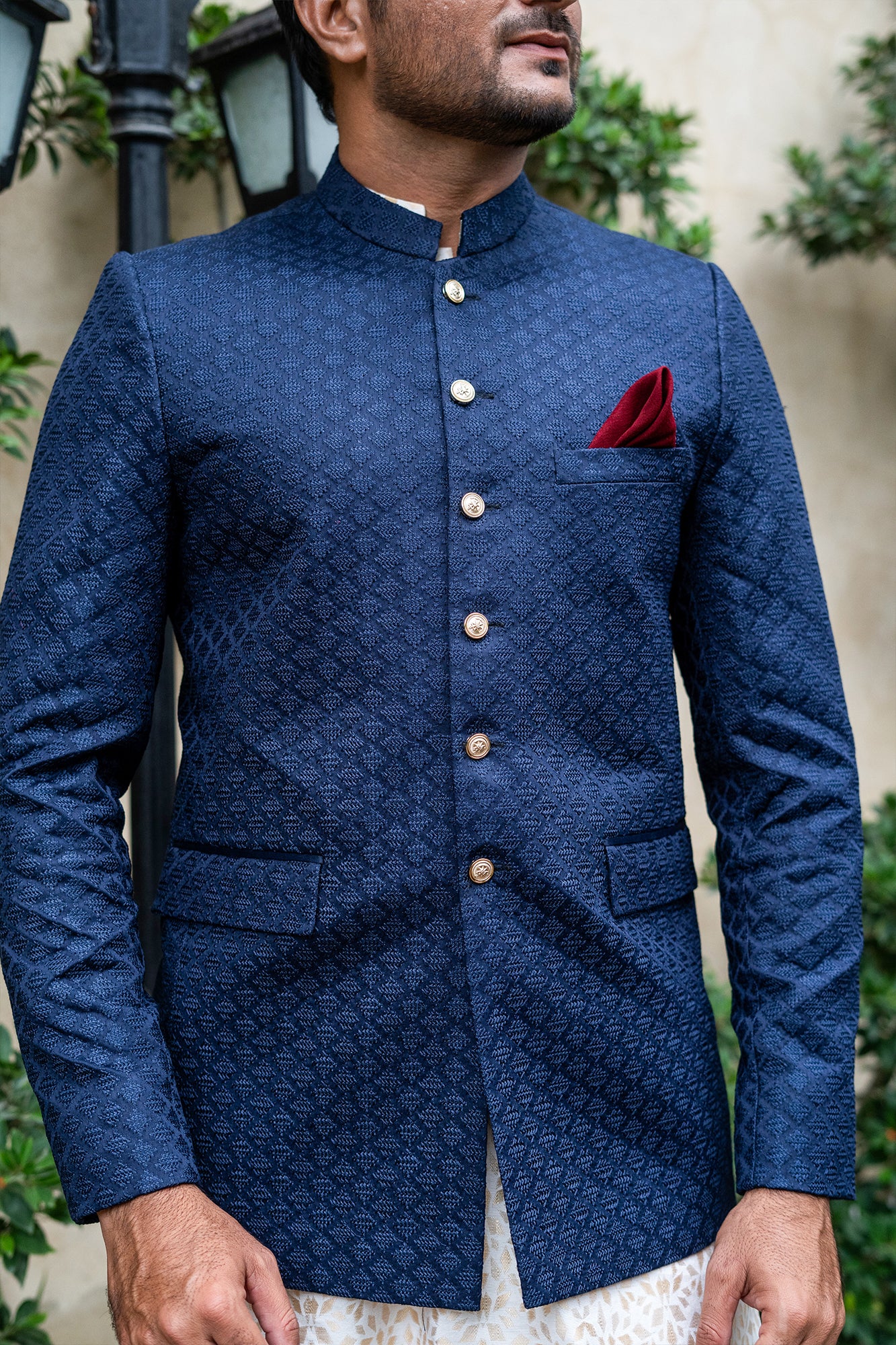 Navy Blue Textured Silk-Blend Prince Coat (1-Pc) - Image 4