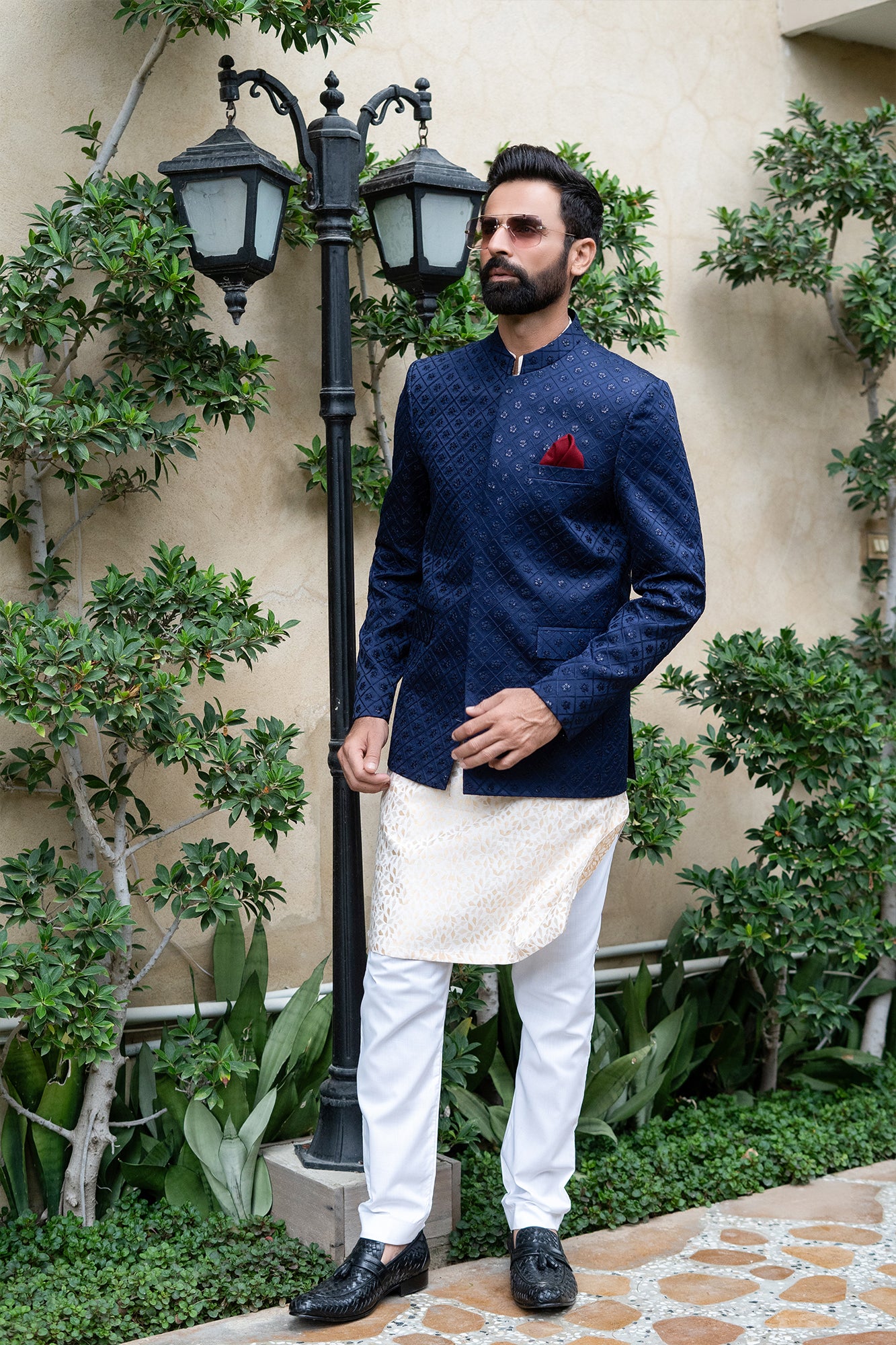 Navy Blue Chikan Embroidered Silk-Blend Prince Coat (1-Pc) - Image 1