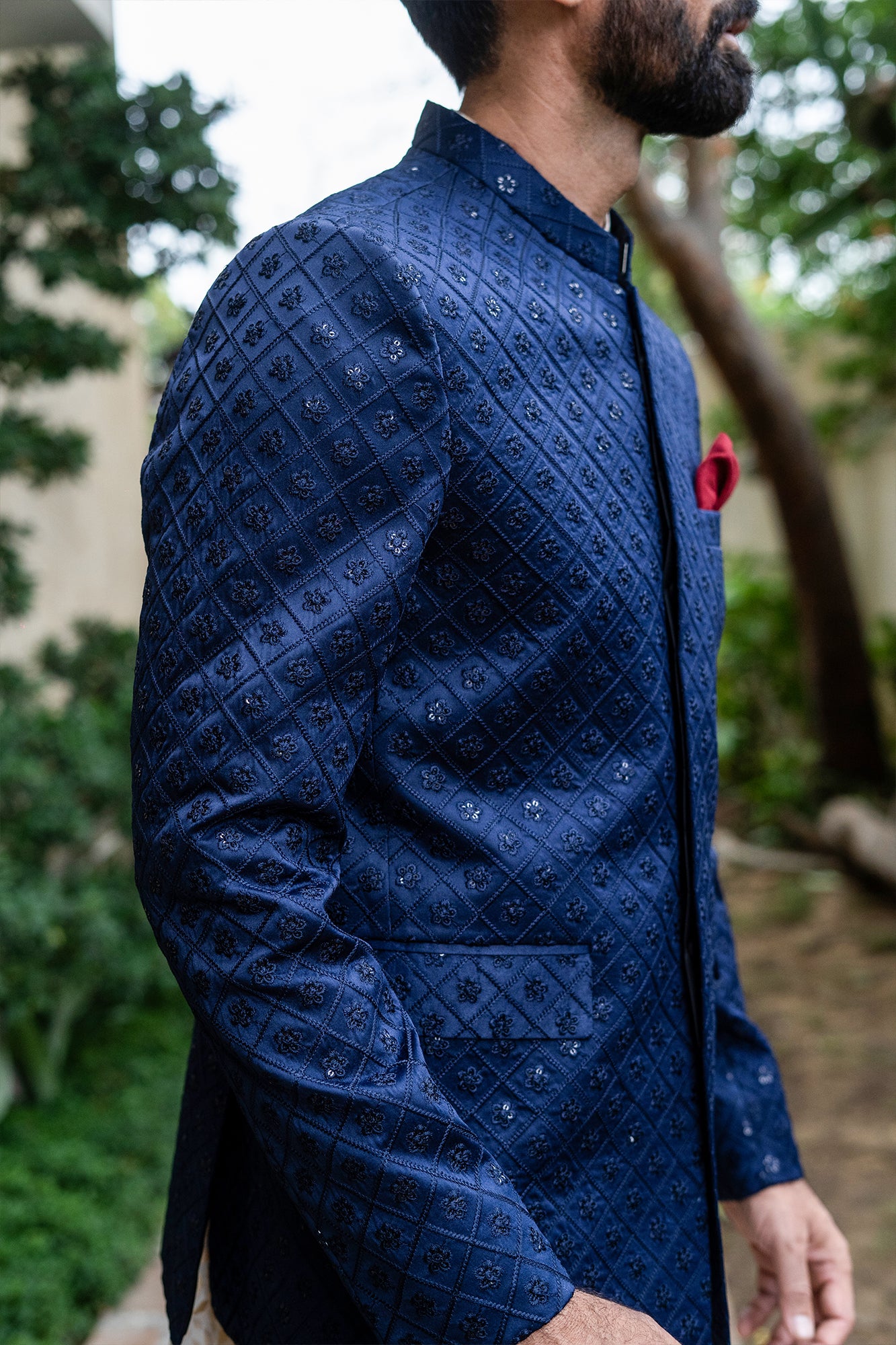 Navy Blue Chikan Embroidered Silk-Blend Prince Coat (1-Pc) - Image 3