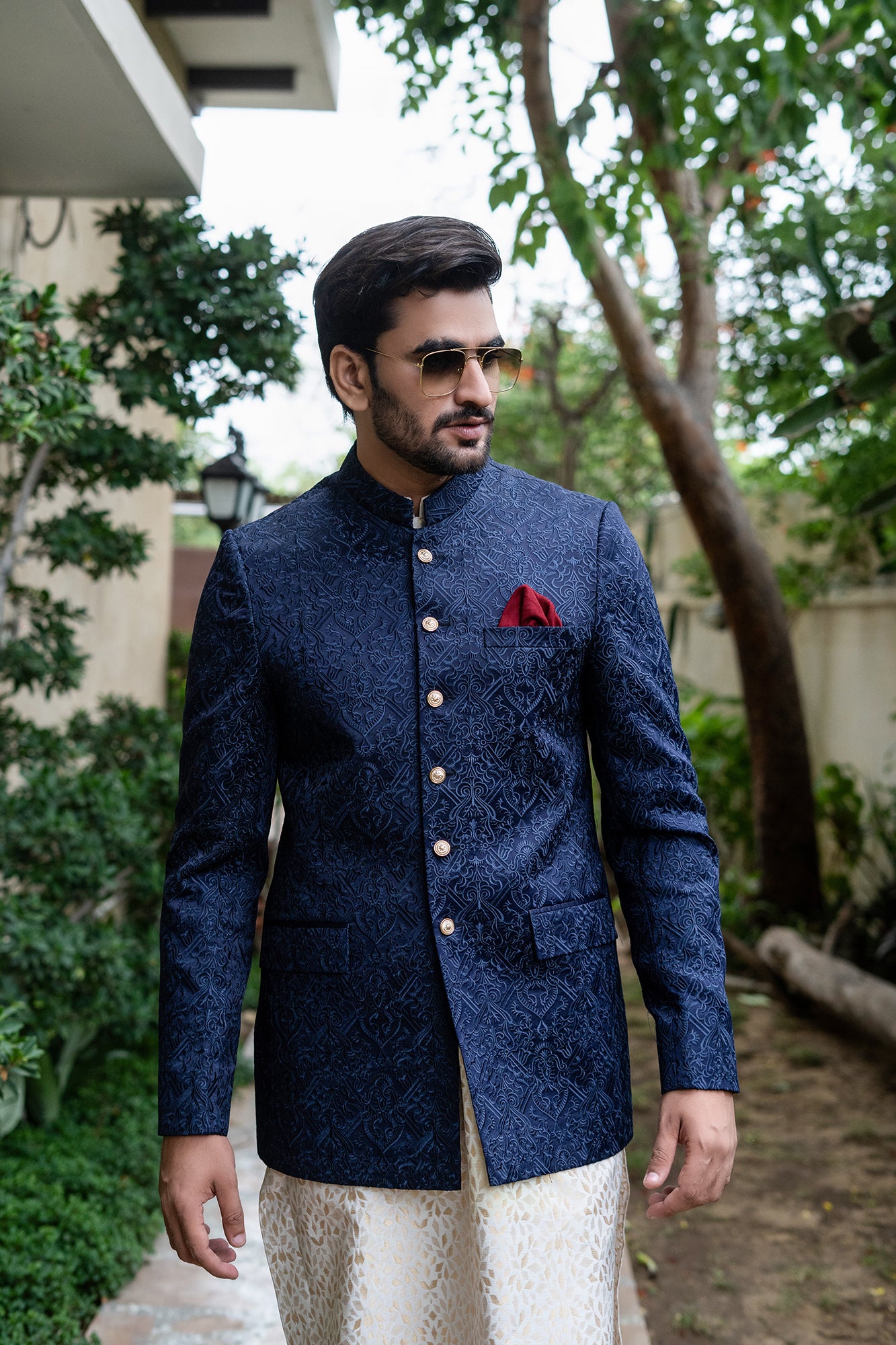 Navy Blue Jacquard Embroidered Silk-Blend Prince Coat (3-Piece) - Image 1