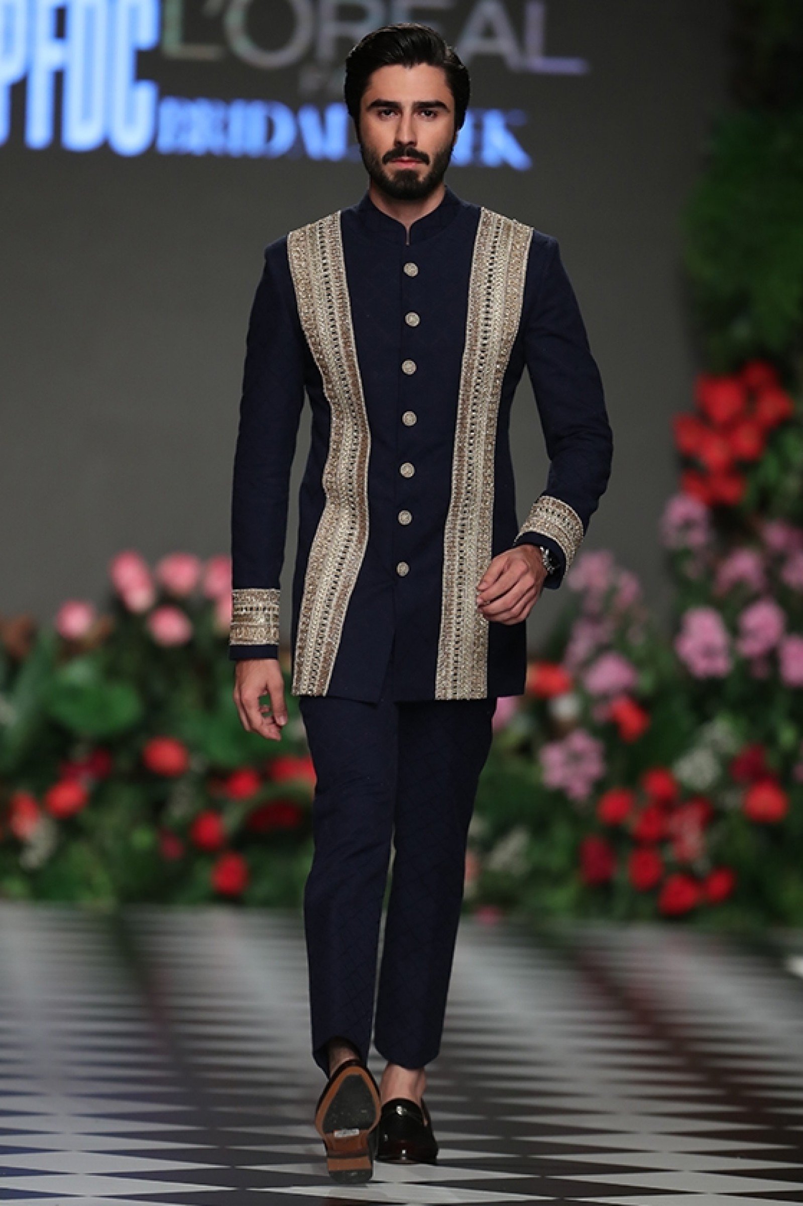 Navy Gold Embroidered Silk-Blend Prince Coat (2-Piece) - Image 1
