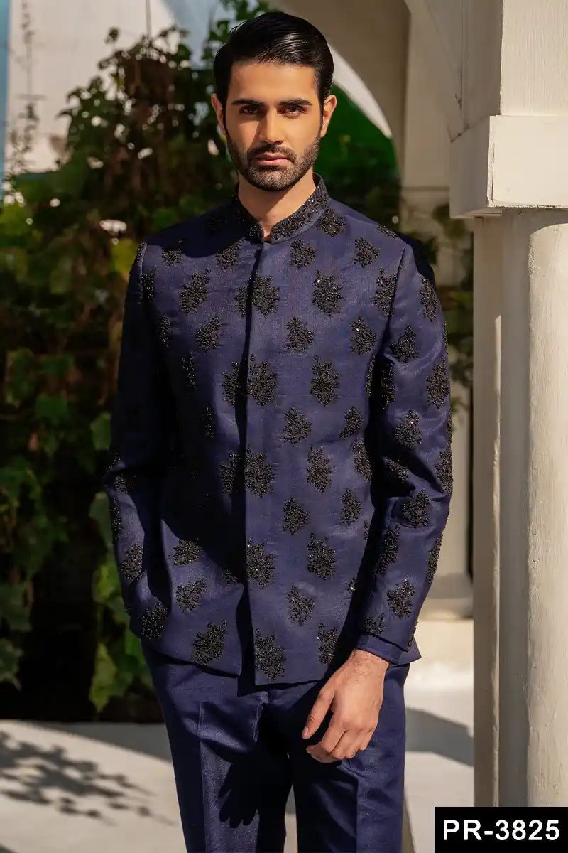 Navy Blue Hand-Embroidered Silk-Blend Prince Suit (2-Piece) - Image 1