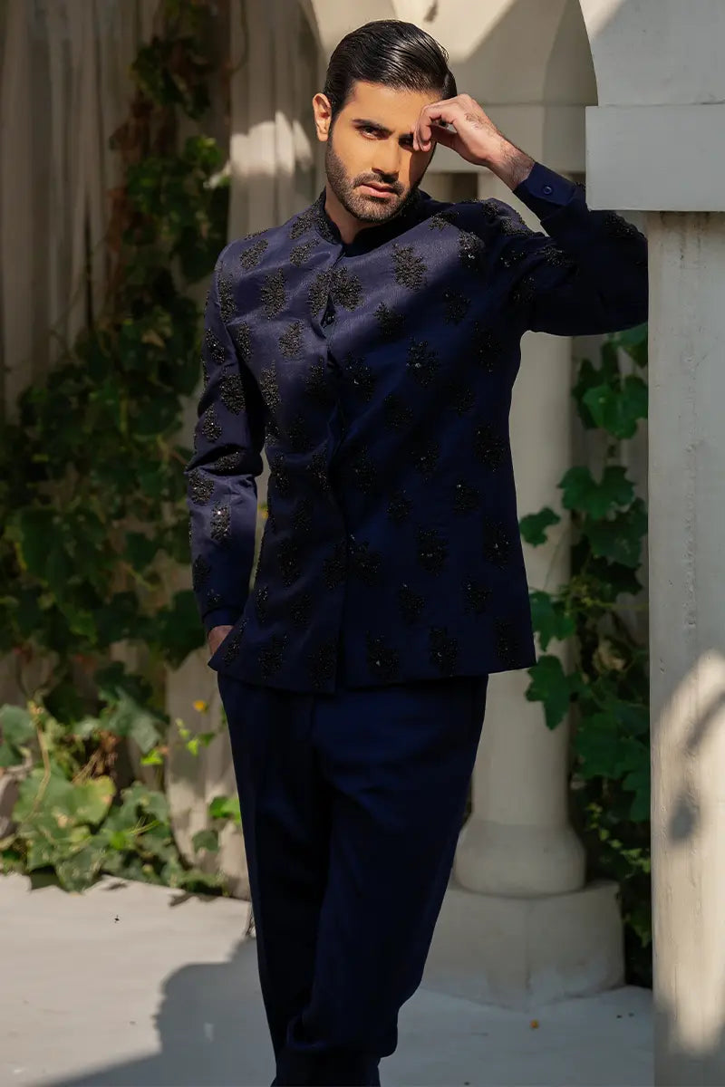 Navy Blue Hand-Embroidered Silk-Blend Prince Suit (2-Piece) - Image 3