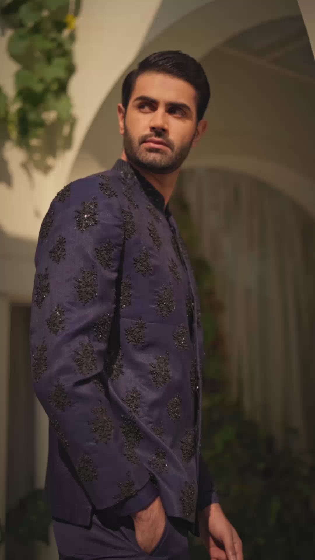 Navy Blue Hand-Embroidered Silk-Blend Prince Suit (2-Piece) - Image 4