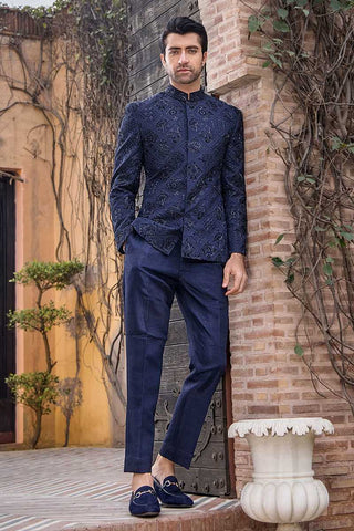 Navy Blue Zardozi Pure Silk Prince Coat (2-Piece) - Image 2