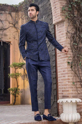 Navy Blue Zardozi Pure Silk Prince Coat (2-Piece) - Image 3