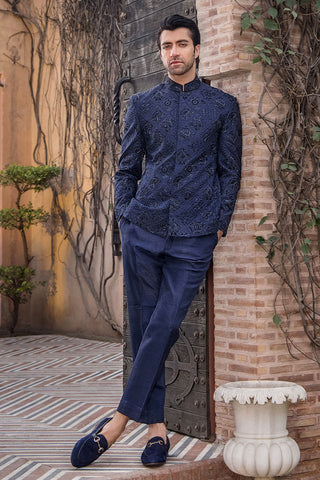 Navy Blue Zardozi Pure Silk Prince Coat (2-Piece) - Image 5