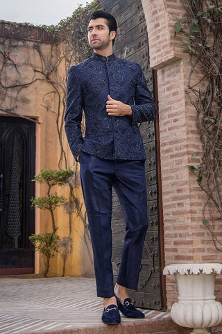 Navy Blue Zardozi Pure Silk Prince Coat (2-Piece) - Image 6