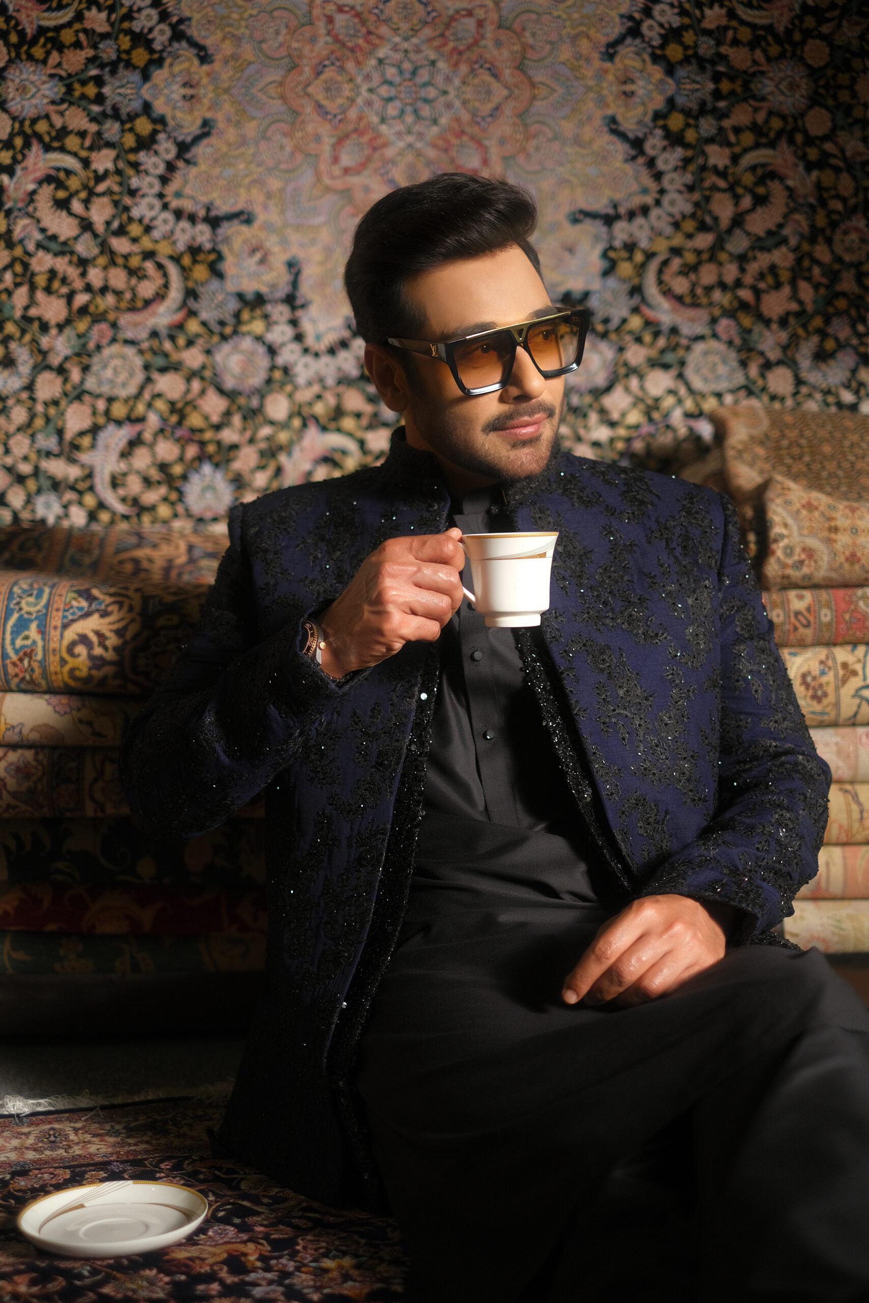 Midnight Navy Embroidered Suiting Prince Coat (2-Piece) - Image 1