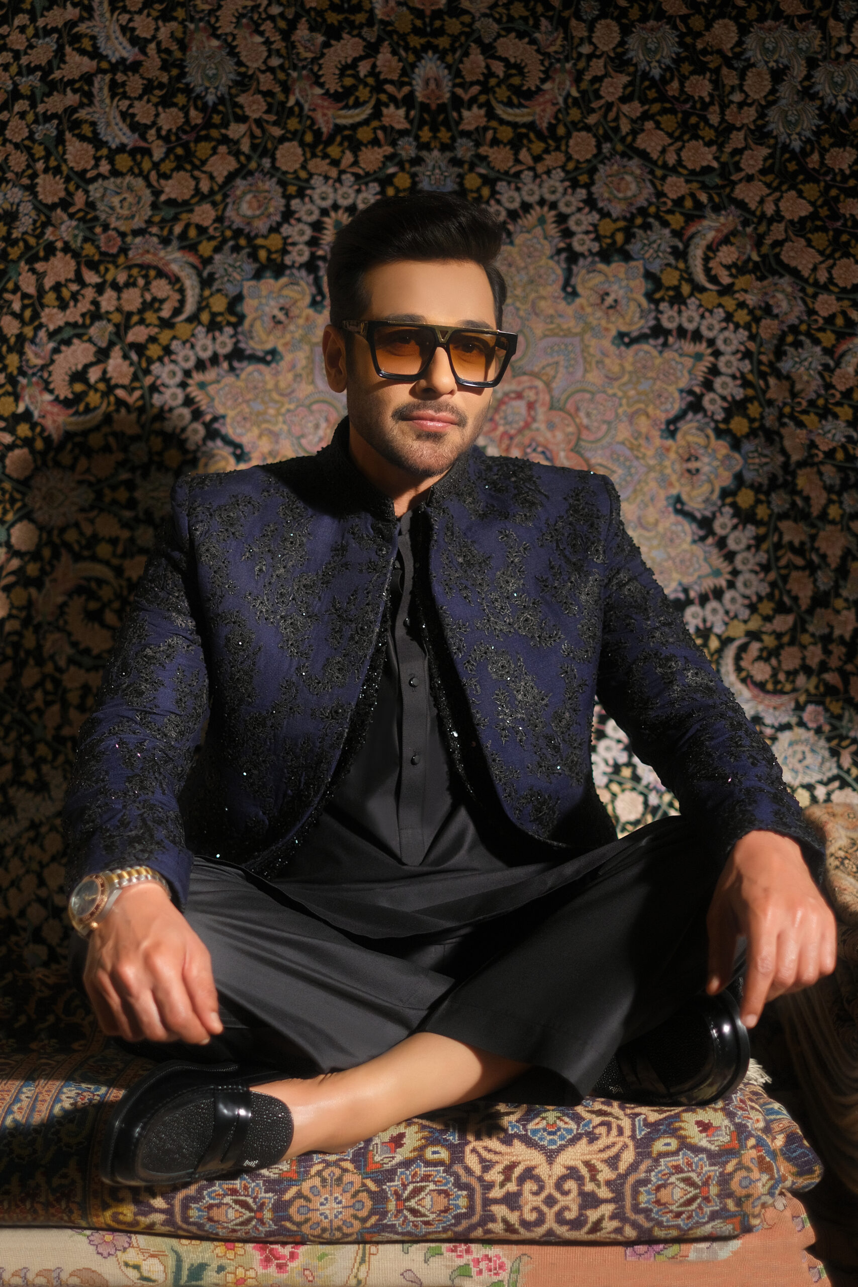 Midnight Navy Embroidered Suiting Prince Coat (2-Piece) - Image 2