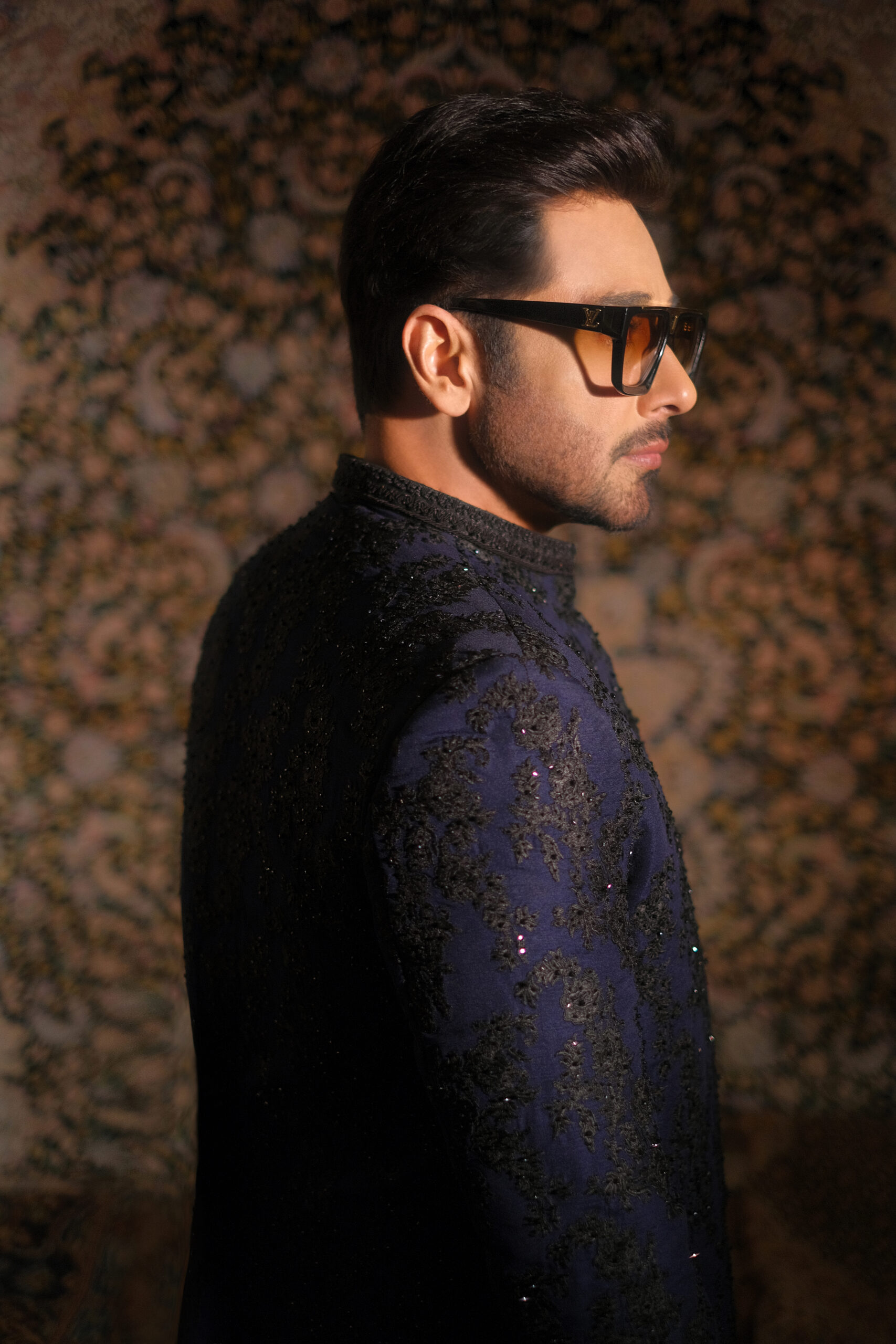 Midnight Navy Embroidered Suiting Prince Coat (2-Piece) - Image 3