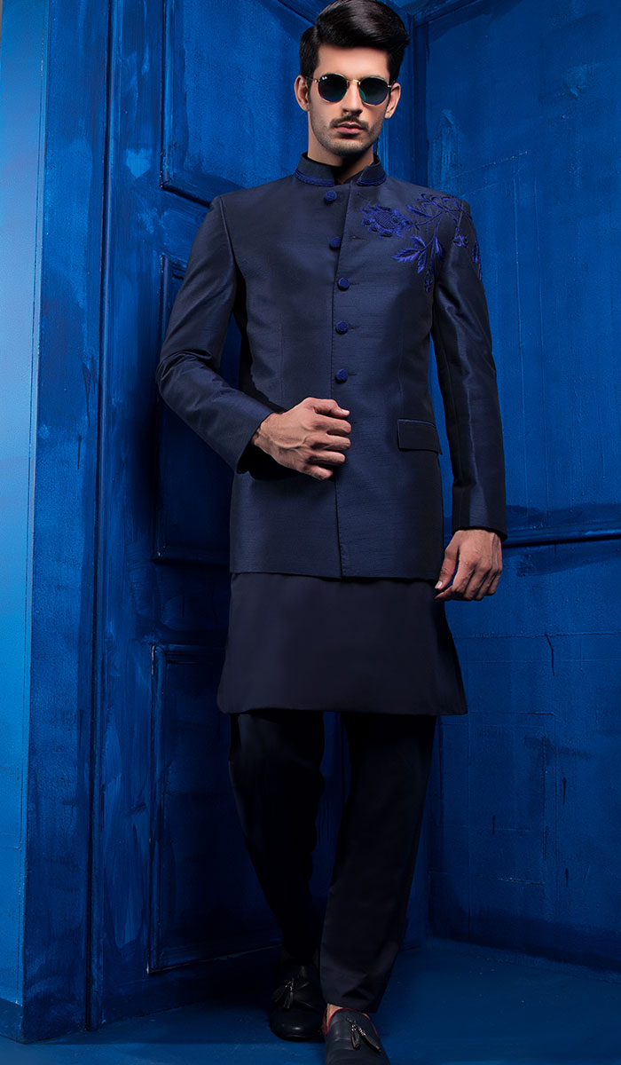 Navy Blue Embroidered Suiting Prince Coat (3-Piece) - Image 1