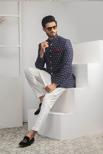 Navy Blue Patterned Suiting Prince Coat (3-Piece) - Image 1