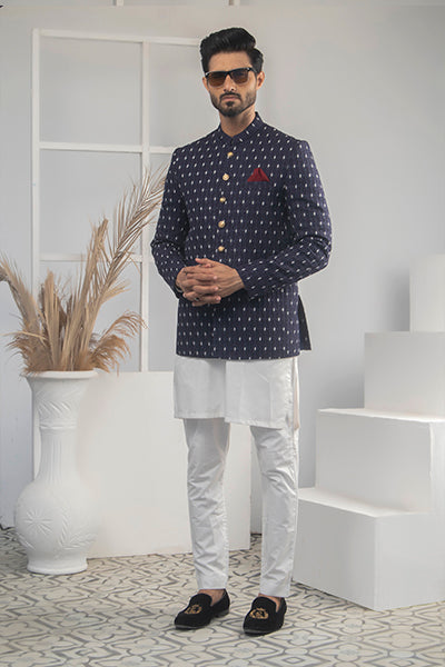 Navy Blue Patterned Suiting Prince Coat (3-Piece) - Image 2