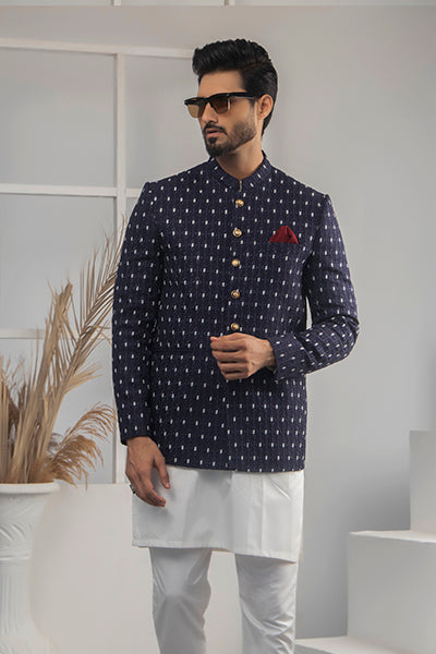 Navy Blue Patterned Suiting Prince Coat (3-Piece) - Image 3