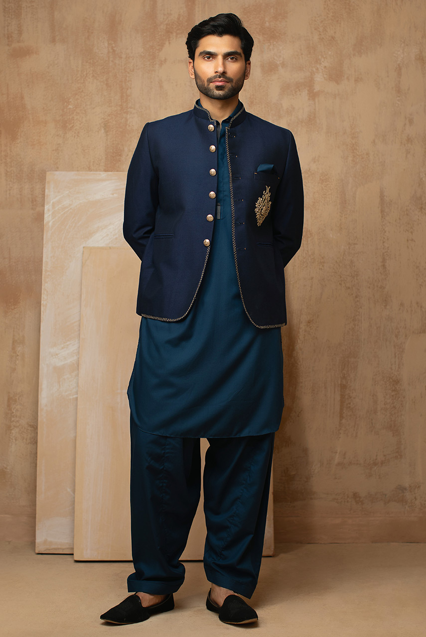 Navy Blue Hand-Embroidered Suiting Prince Coat (3-Piece) - Image 2