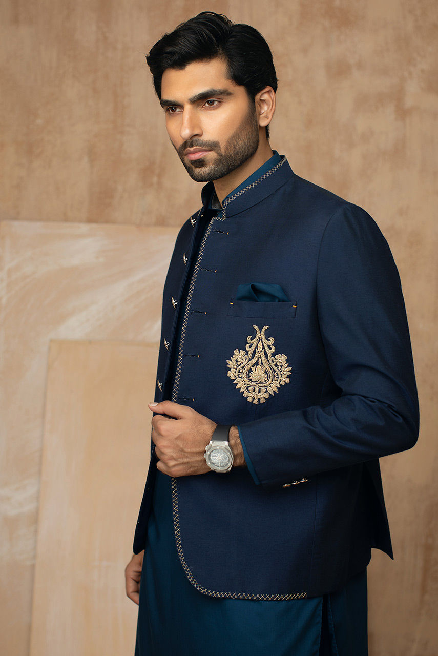 Navy Blue Hand-Embroidered Suiting Prince Coat (3-Piece) - Image 3