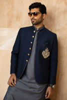 Navy Blue Hand-Embroidered Suiting Prince Coat (3-Piece) - Image 4