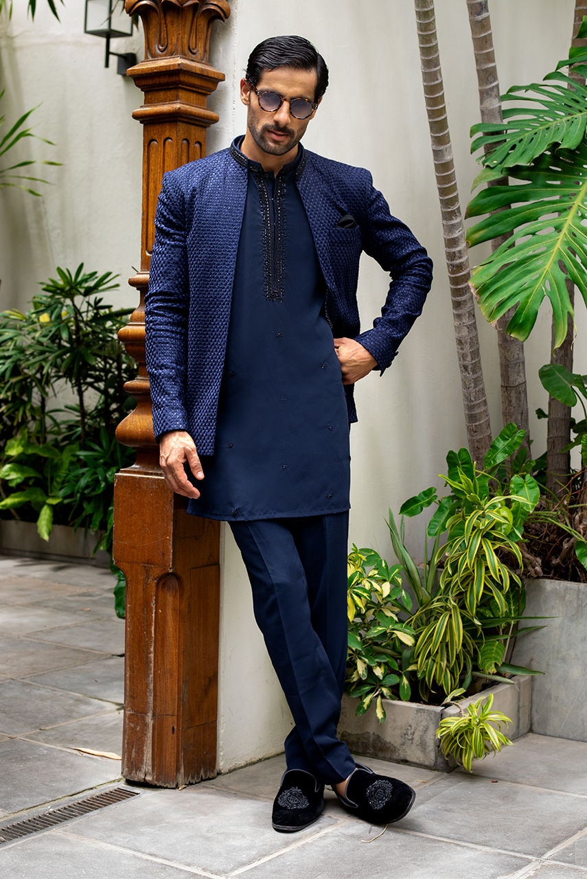 Deep Blue Embroidered Suiting Prince Coat (3-Piece) - Image 1