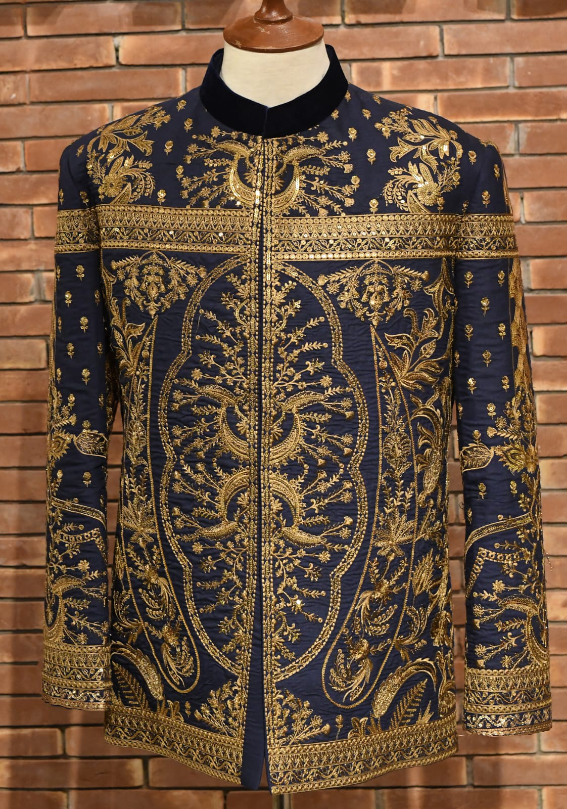 Navy Blue Tilla & Sequin Embroidered Prince Coat (1-Pc) - Image 1