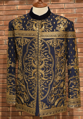 Navy Blue Tilla & Sequin Embroidered Prince Coat (1-Pc) - Image 2